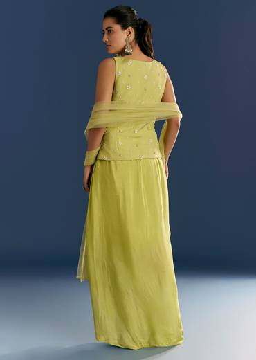 Green Chinon Moti Embroidered Kurta Skirt With Dupatta