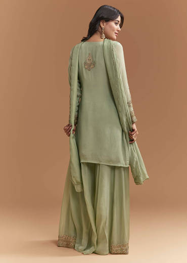 Green Chinon Palazzo Suit With Moti And Cutdana Embroidery