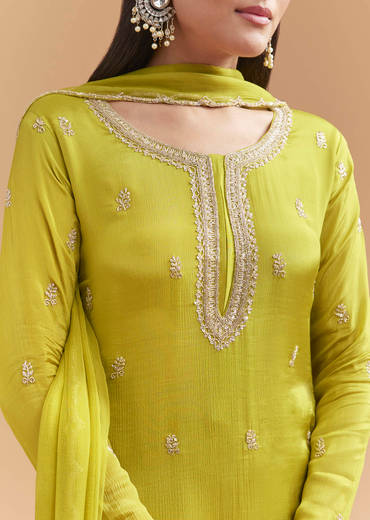 Green Chinon Sharara Suit With Heavy Hand Embroidery
