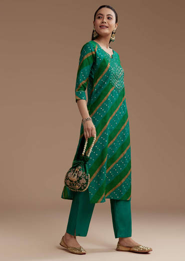 Green Cotton Silk Kurta Set with Foil Mirrors