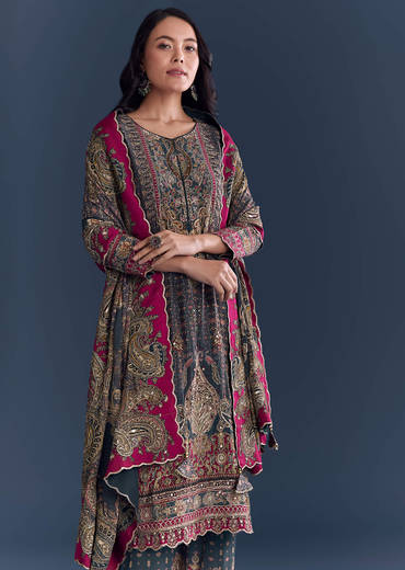 Green Crepe Kurta Set Fresh With Indie Print And Zari Work