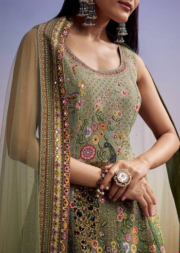 Green Crepe Palazzo Suit With Floral Print And Stone Work