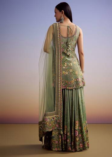 Green Crepe Palazzo Suit With Floral Print And Stone Work
