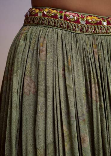 Green Crepe Palazzo Suit With Floral Print And Stone Work