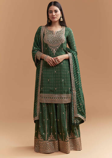 Green Crepe Palazzo Suit With Hand Embroidery And Bandhani Print