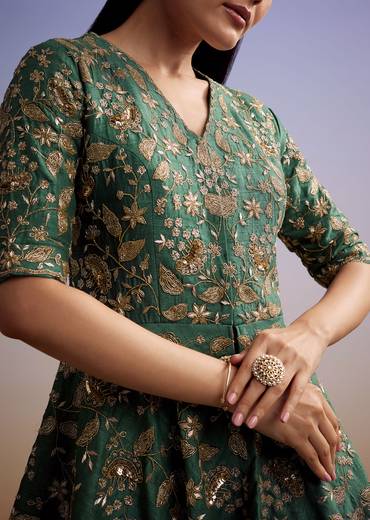 Green Crepe Peplum Crop Top And Palazzo Set With Zardosi Work