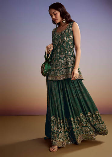 Green Crepe Printed Palazzo Suit With Gotta Work