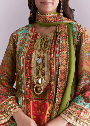 Green Crepe Printed Sharara Suit With Gota Detail And Potli