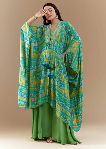 Green Crop Top Palazzo Set with Printed Cape