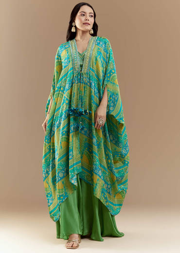 Green Crop Top Palazzo Set with Printed Cape