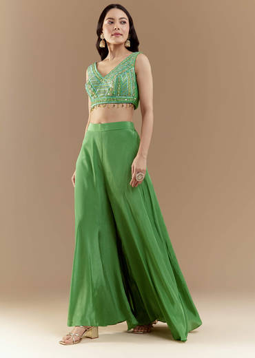 Green Crop Top Palazzo Set with Printed Cape