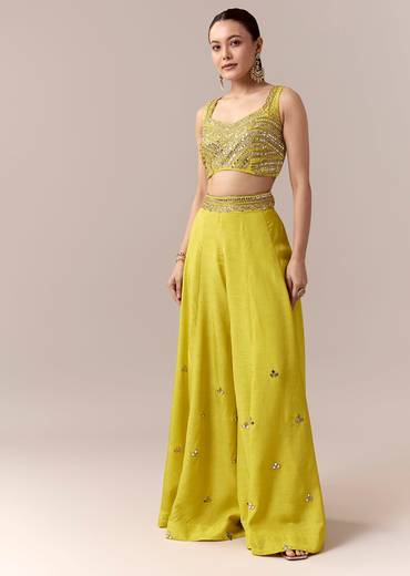 Green Crop Top Pants Indo Western With Mirror Cut Dana Work