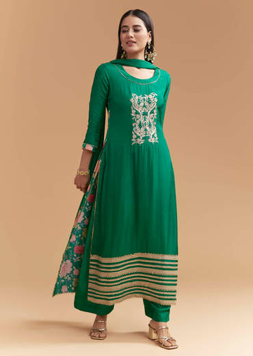 Green Dola Silk Kurta Set With Gota Work And Floral Print