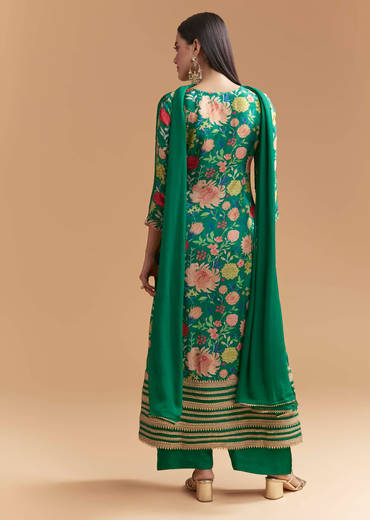 Green Dola Silk Kurta Set With Gota Work And Floral Print