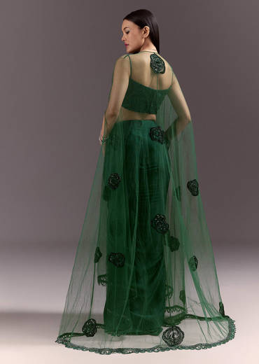 Green Drape Skirt Patched Jacket Set With Square Neck Blouse