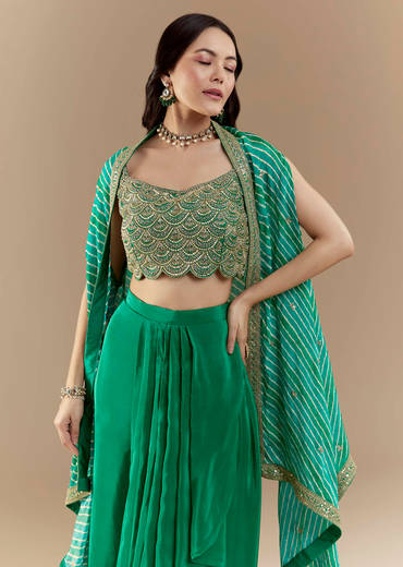 Green Embellished Crop Top Skirt Set with Leheriya Cape