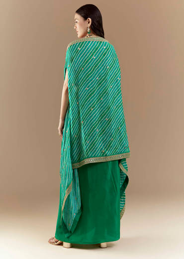 Green Embellished Crop Top Skirt Set with Leheriya Cape