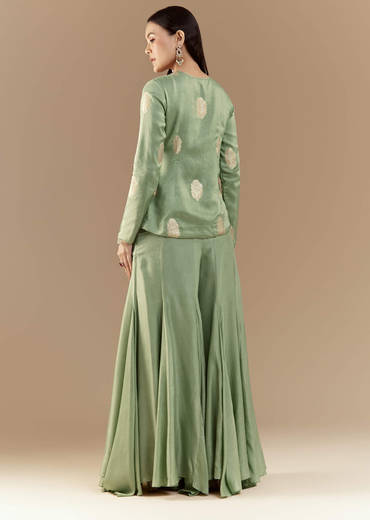 Green Fusion Silk Crop Top and Pant Set with Moti Work