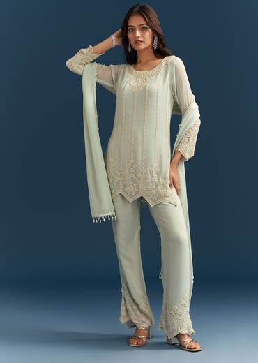 Green Georgette Kurta Set With Beads Detailing