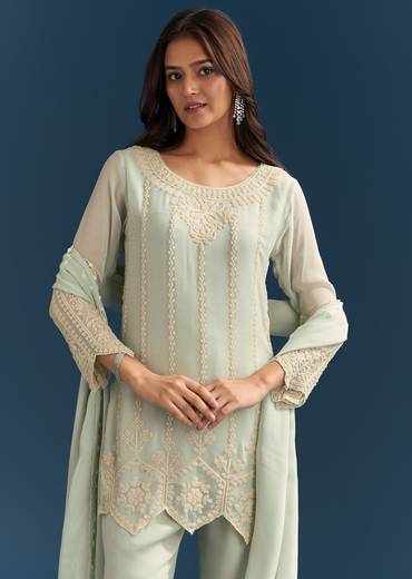 Green Georgette Kurta Set With Beads Detailing