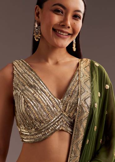 Green Gold Ombre Sequins Zari Georgette Lehenga Set