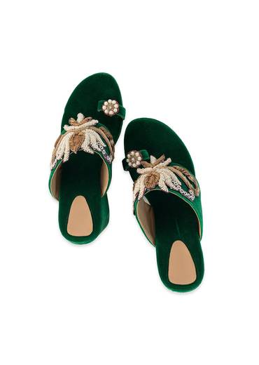 Green Hand Embellished Velvet Wedges