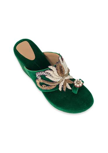 Green Hand Embellished Velvet Wedges
