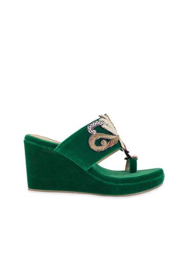 Green Hand Embellished Velvet Wedges