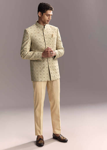 Green Jacquard Jodhpuri Suit For Men With Subtle Embroidery