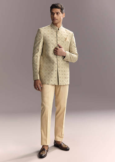 Green Jacquard Jodhpuri Suit For Men With Subtle Embroidery