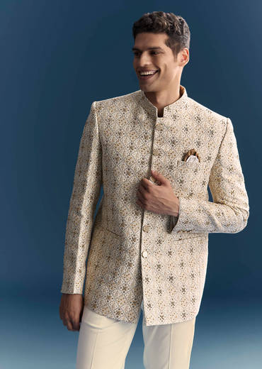 Green Jacquard Jodhpuri Suit For Men With Zardosi And Sequins Embroidery