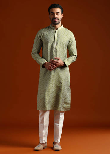 Green Jacquard Kurta Set For Men With Subtle Print