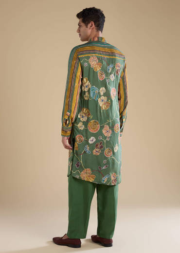 Green Kalamkari Mens Kurta and Pant Set