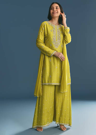 Green Kurta Palazzo Set With Sequins Embroidery