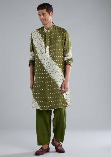 Green Kurta Set With Handmade Bandhani And Shibori Prints