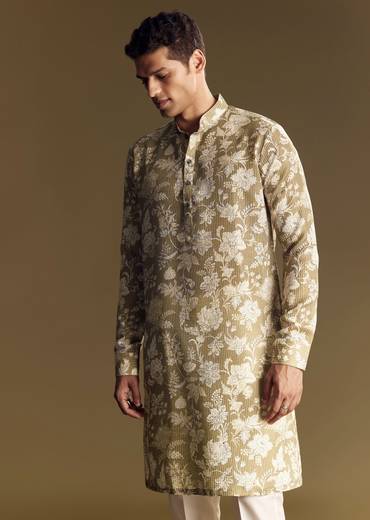 Green Linen Kurta Set With Kantha Embroidery
