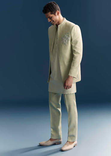 Green Matka Silk Jodhpuri Suit For Men With Hand Embroidery