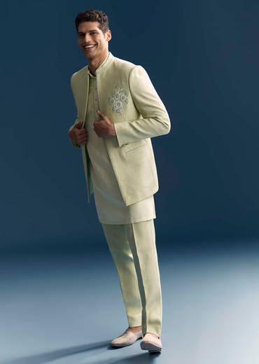 Green Matka Silk Jodhpuri Suit For Men With Hand Embroidery