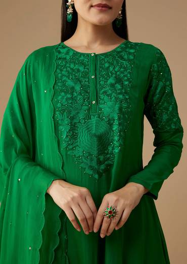 Green Mukaish Work Anarkali Set