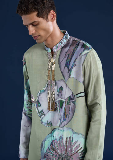 Green Muslin Sequin Work Mens Kurta and Pant Set