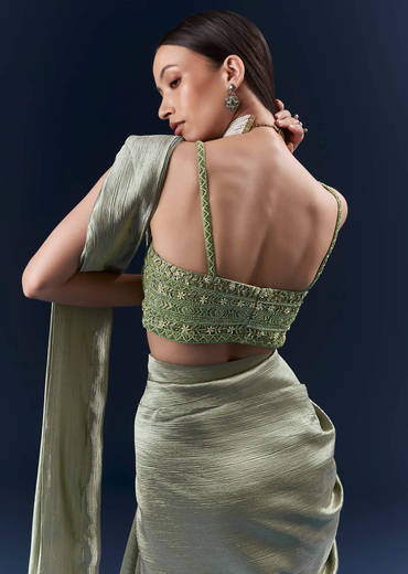 Green Net Ready Pleated Saree With Embroidery