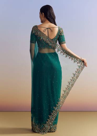 Green Net Saree Featuring Heavy Embroidered Border