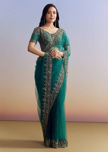Green Net Saree Featuring Heavy Embroidered Border