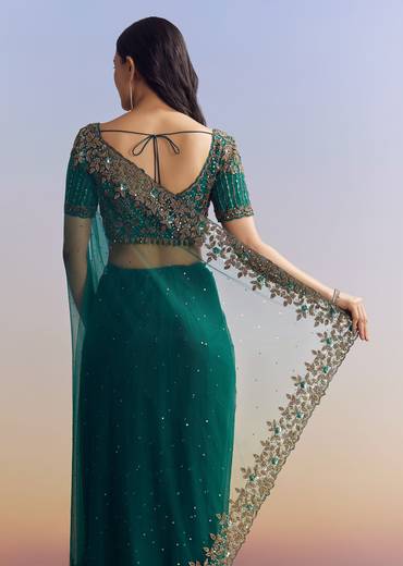 Green Net Saree Featuring Heavy Embroidered Border
