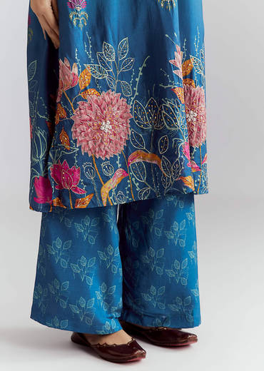 Green Ombre Crepe Palazzo Suit With Floral Print