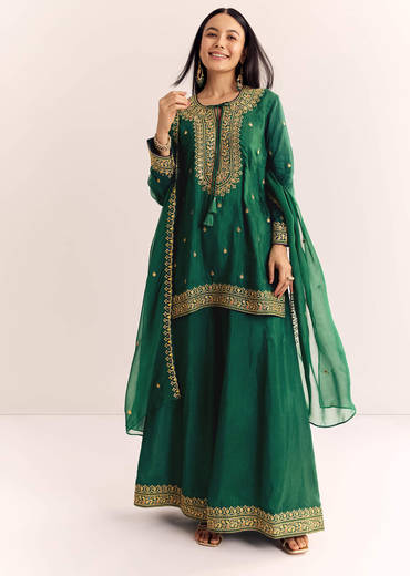 Green Organza Kurta Sharara Suit With Zari Butti Work