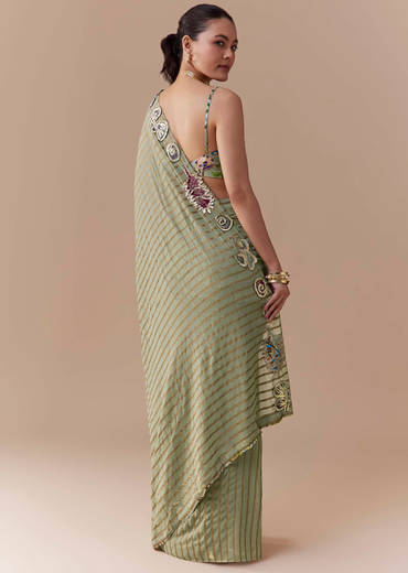 Green Pre Pleated Printed Saree with Gota Blouse