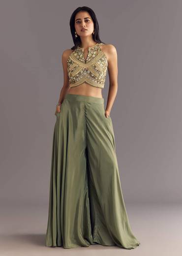 Green Raw Silk Croptop With Zardosi Work Palazzo Suit