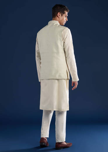 Green Raw Silk Jacket Kurta Set with Dori Work