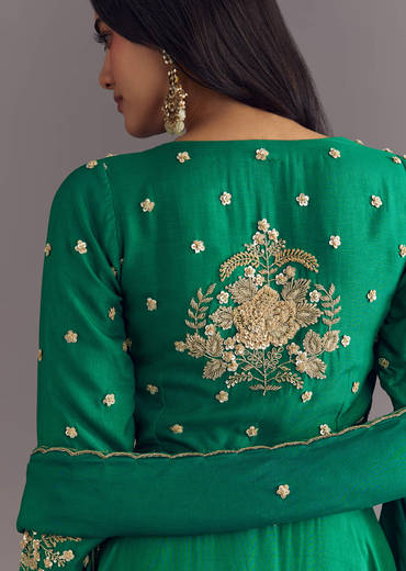 Green Russian Silk Front Slit Kurta Dupatta Set With Beaded Embroidery